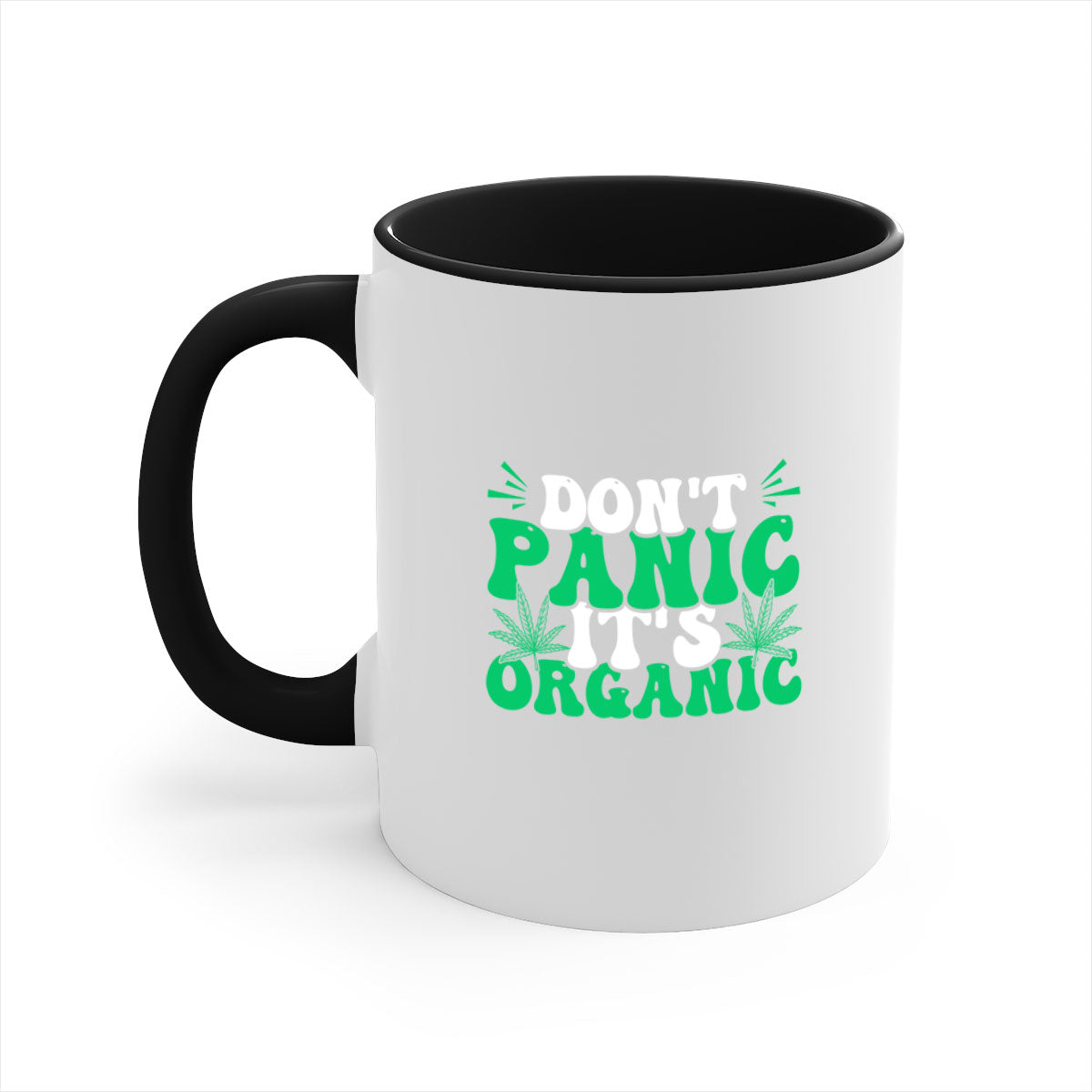 Don't Panic It's Organic 73# Mug with a glossy finish and colorful handle, available in multiple colors and sizes.