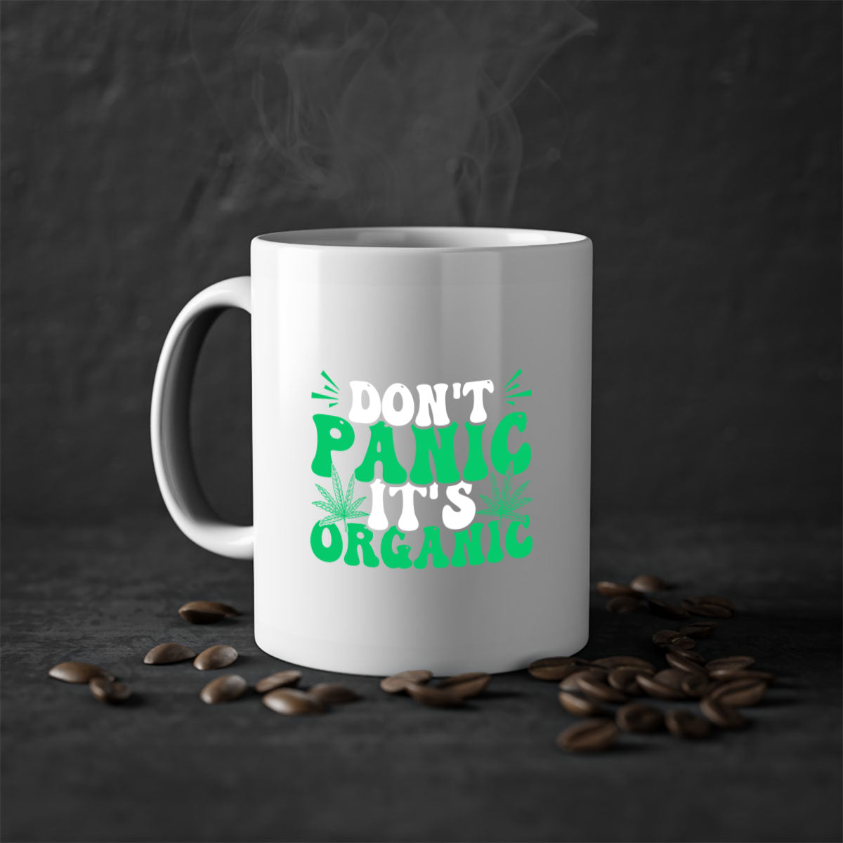 Don't Panic It's Organic 73# Mug with a glossy finish and colorful handle, available in multiple colors and sizes.
