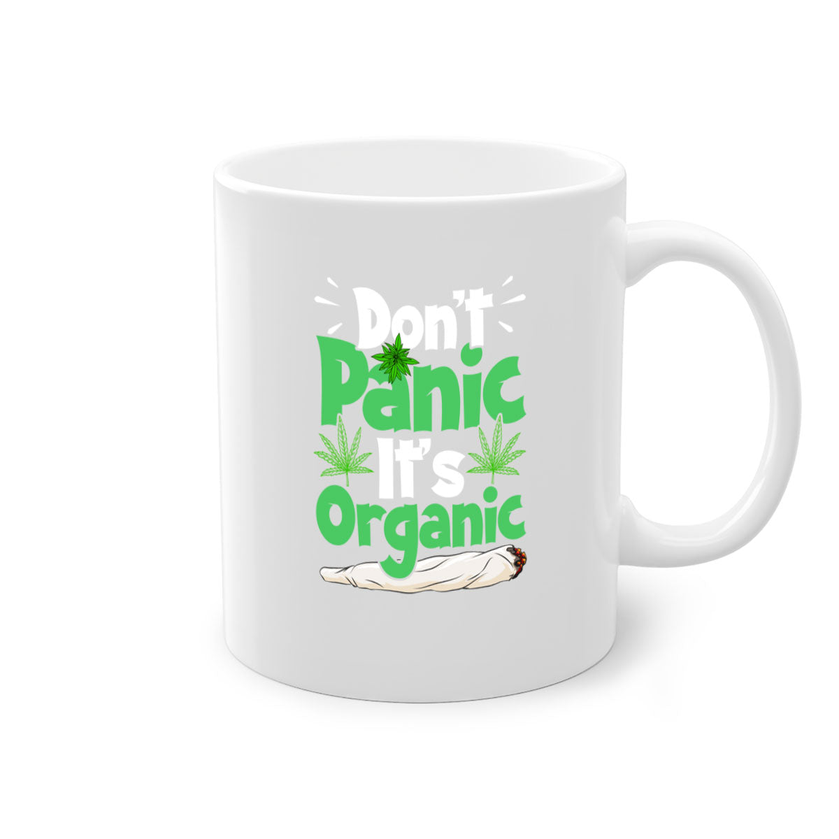 A stylish two-tone Don't Panic It's Organic 75# Mug with a colored handle and glossy finish, available in multiple colors.