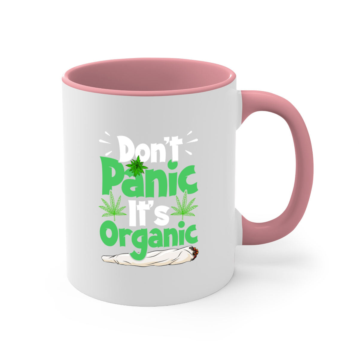 A stylish two-tone Don't Panic It's Organic 75# Mug with a colored handle and glossy finish, available in multiple colors.
