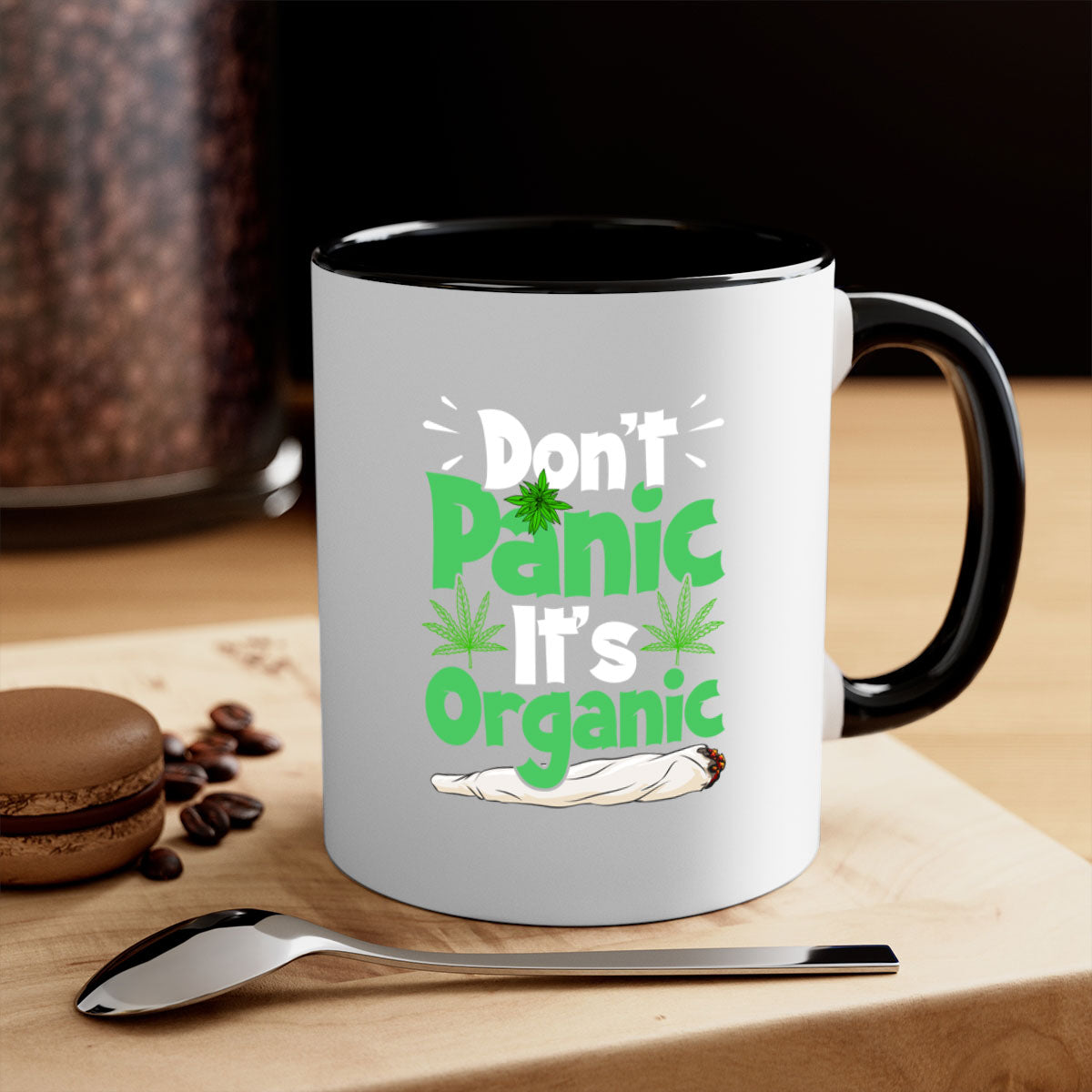 A stylish two-tone Don't Panic It's Organic 75# Mug with a colored handle and glossy finish, available in multiple colors.