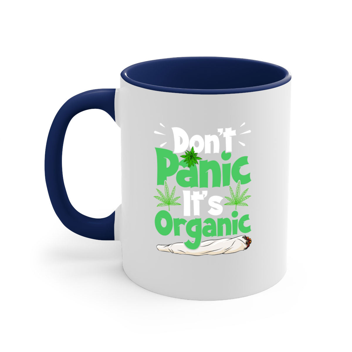 A stylish two-tone Don't Panic It's Organic 75# Mug with a colored handle and glossy finish, available in multiple colors.