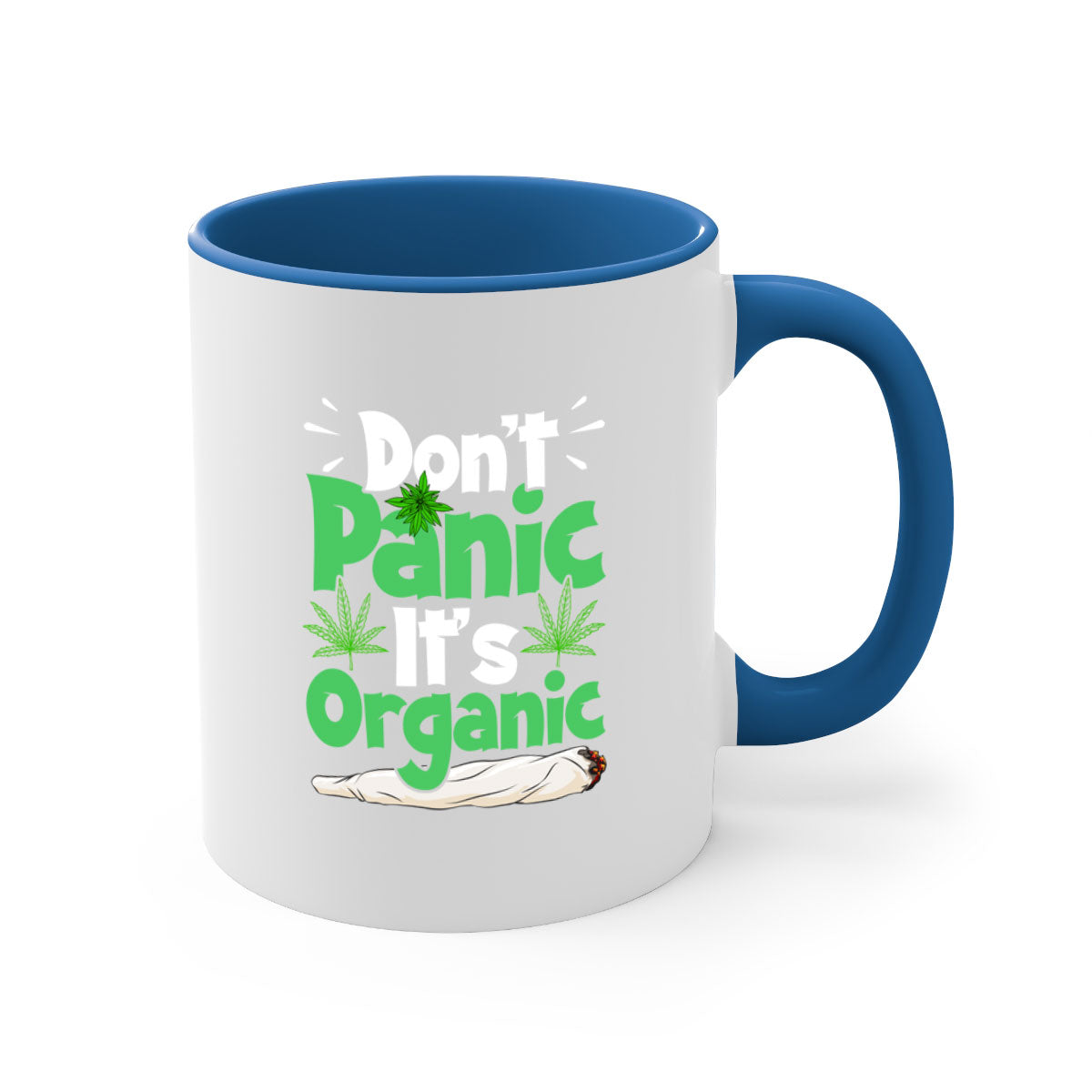 A stylish two-tone Don't Panic It's Organic 75# Mug with a colored handle and glossy finish, available in multiple colors.
