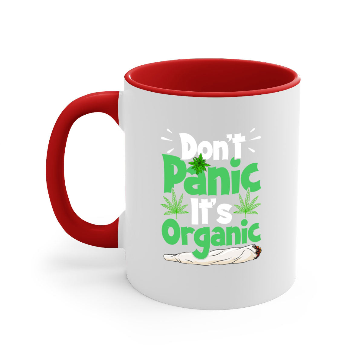 A stylish two-tone Don't Panic It's Organic 75# Mug with a colored handle and glossy finish, available in multiple colors.