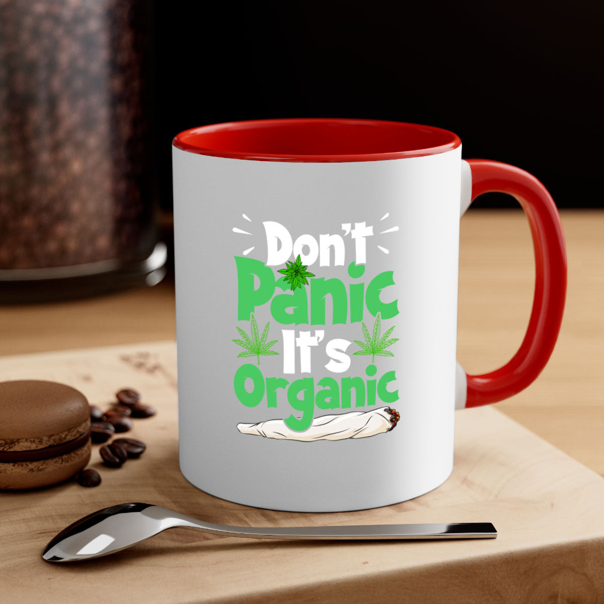 A stylish two-tone Don't Panic It's Organic 75# Mug with a colored handle and glossy finish, available in multiple colors.