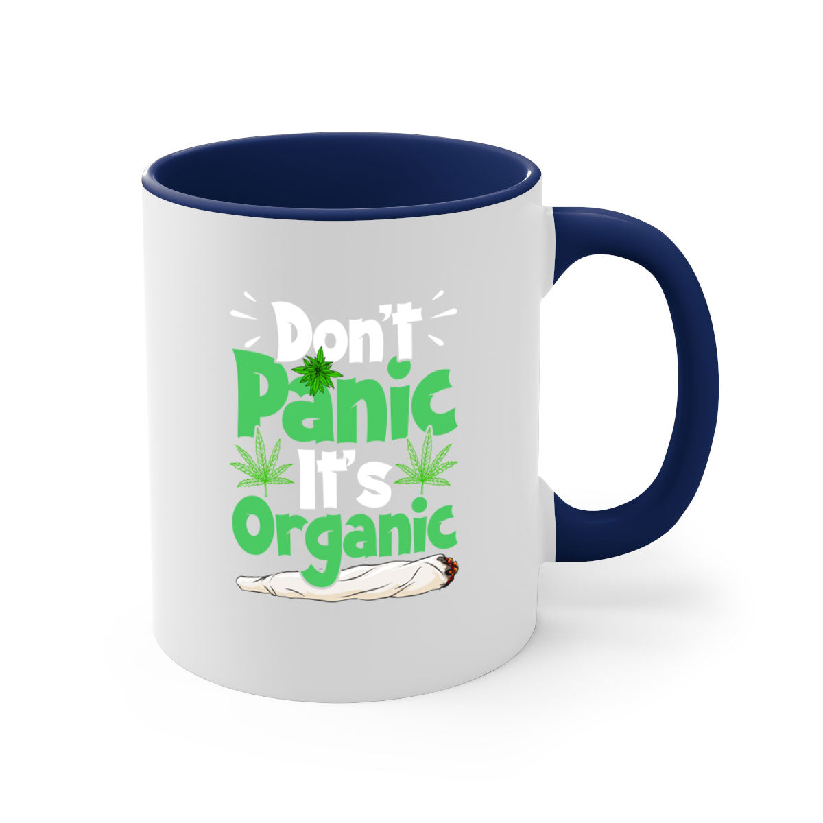 A stylish two-tone Don't Panic It's Organic 75# Mug with a colored handle and glossy finish, available in multiple colors.