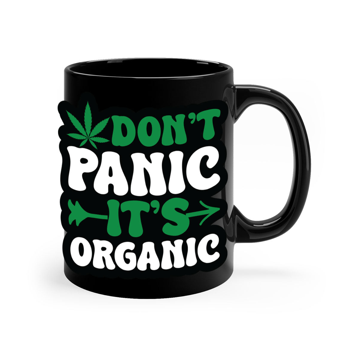 Dont Panic It's Organic 76# Mug with colorful handle and interior, glossy finish, available in two sizes.