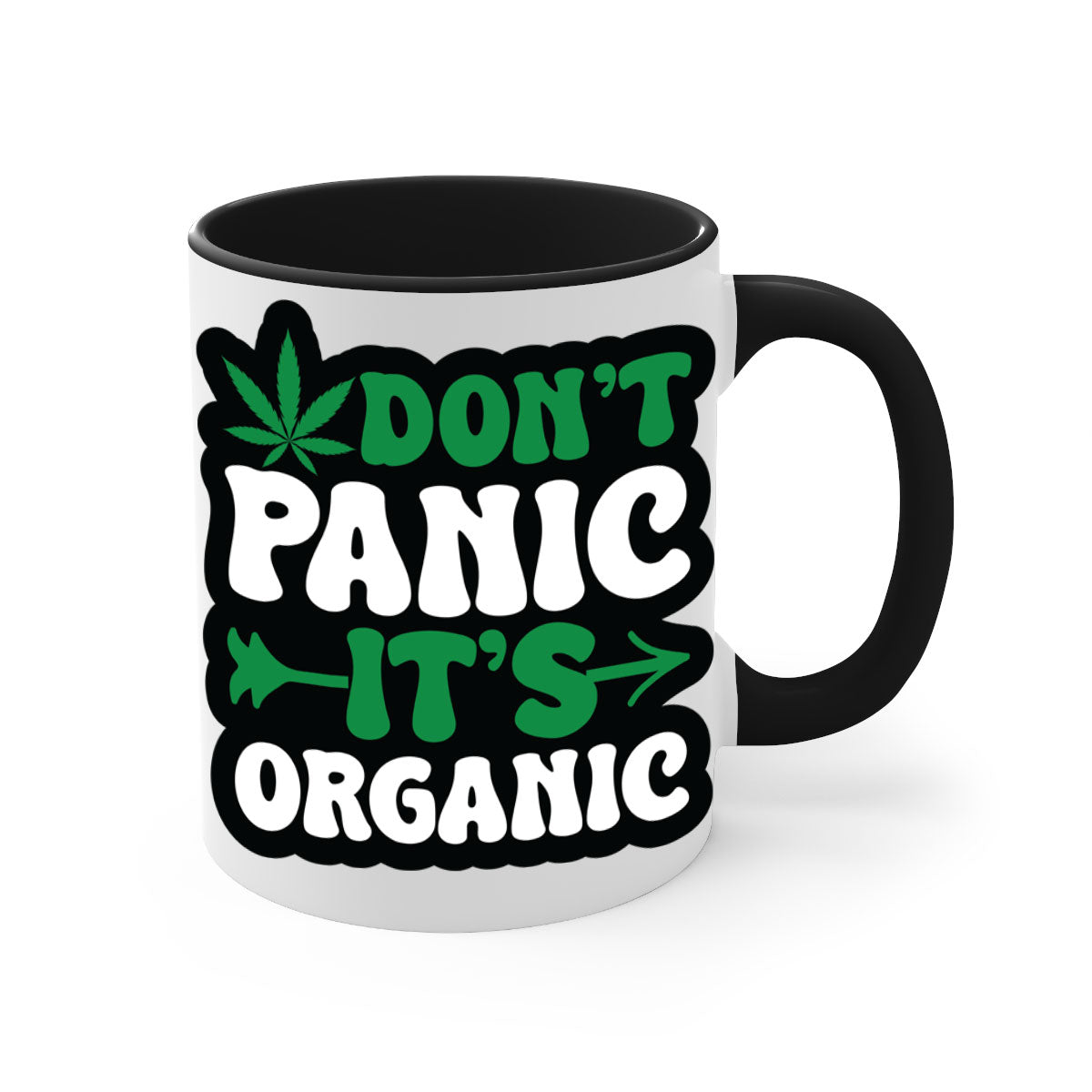 Dont Panic It's Organic 76# Mug with colorful handle and interior, glossy finish, available in two sizes.