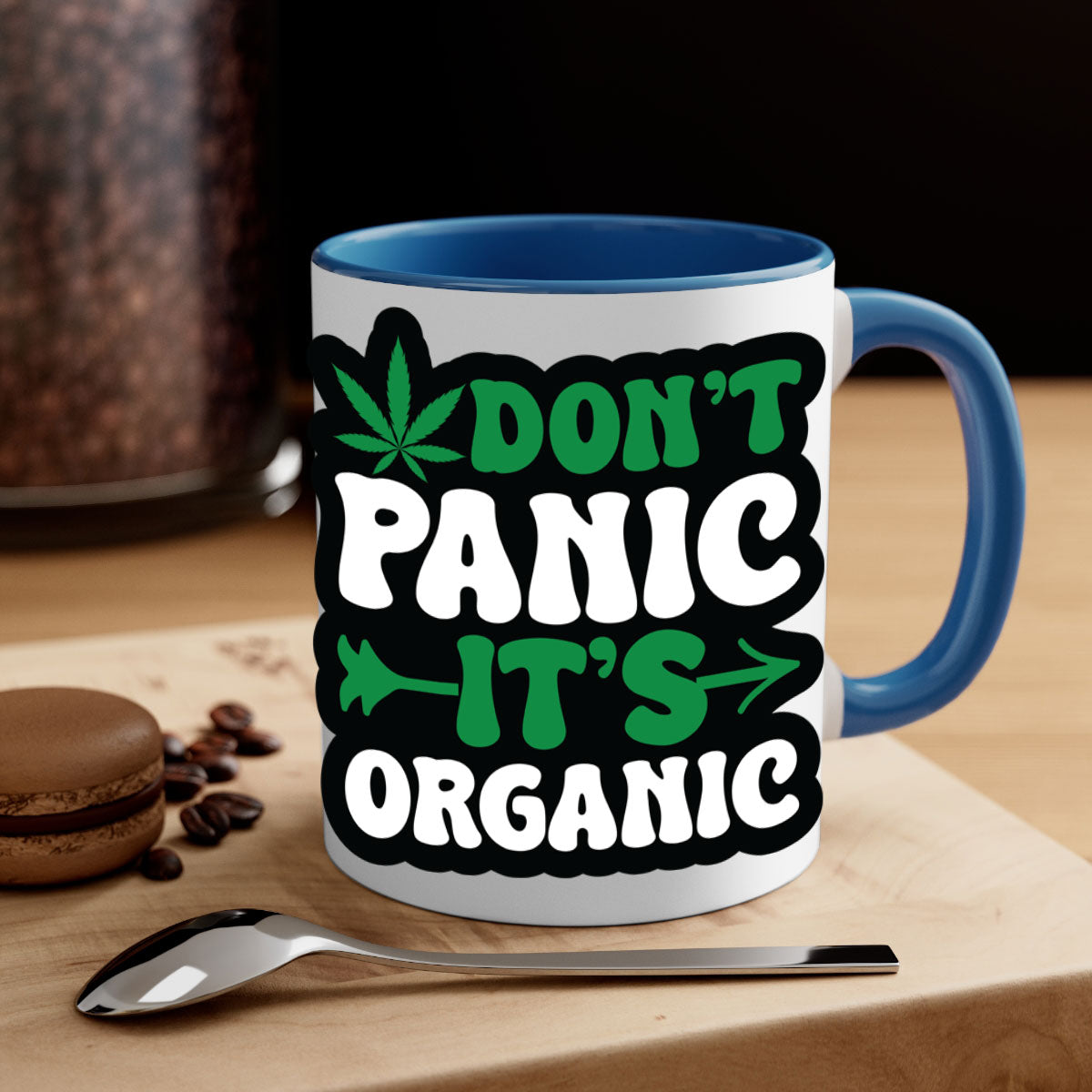 Dont Panic It's Organic 76# Mug with colorful handle and interior, glossy finish, available in two sizes.