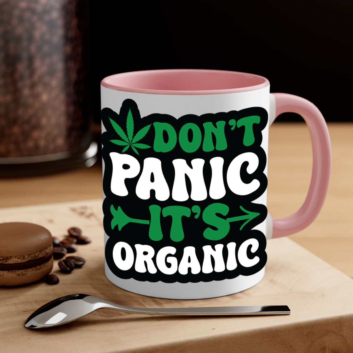Dont Panic It's Organic 76# Mug with colorful handle and interior, glossy finish, available in two sizes.