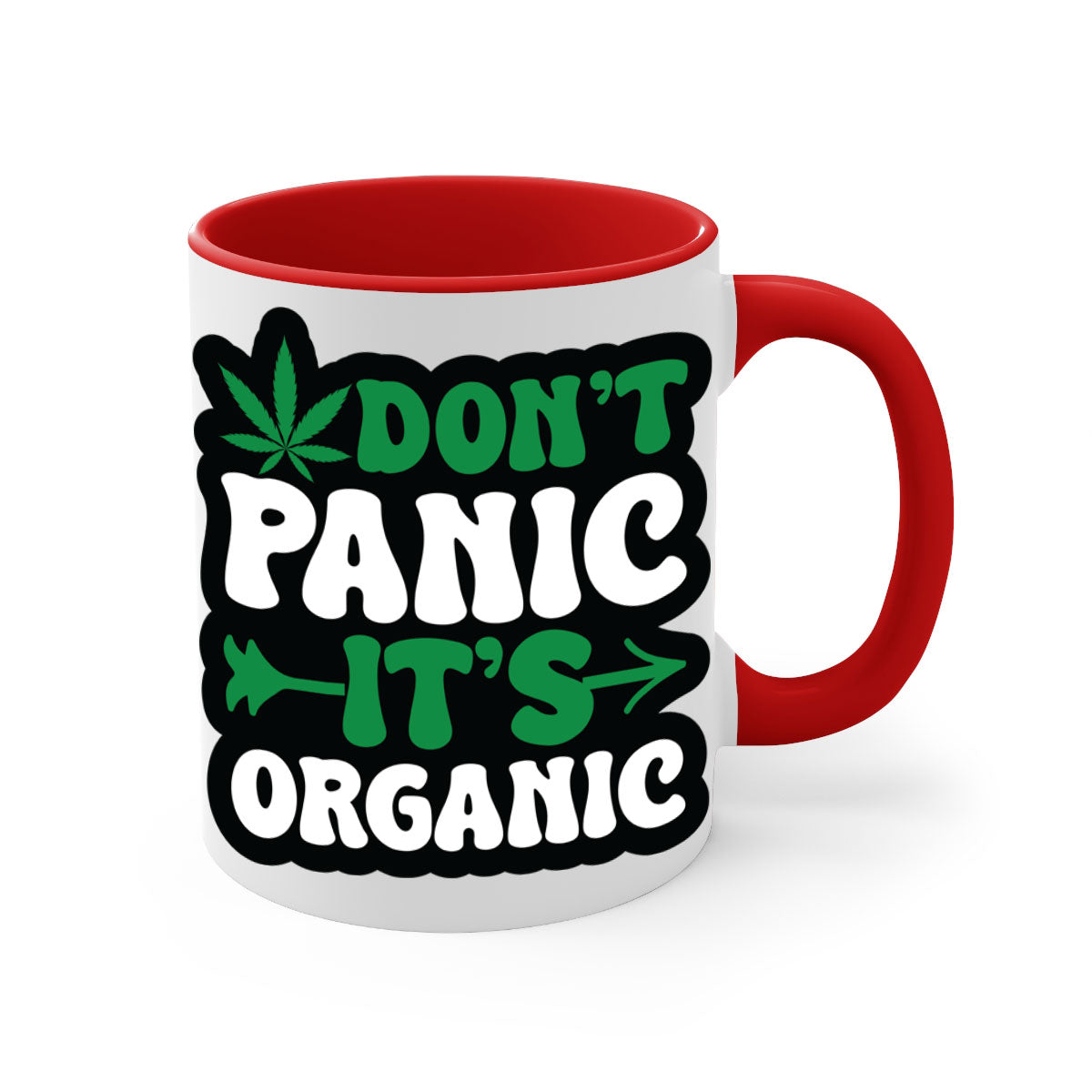 Dont Panic It's Organic 76# Mug with colorful handle and interior, glossy finish, available in two sizes.