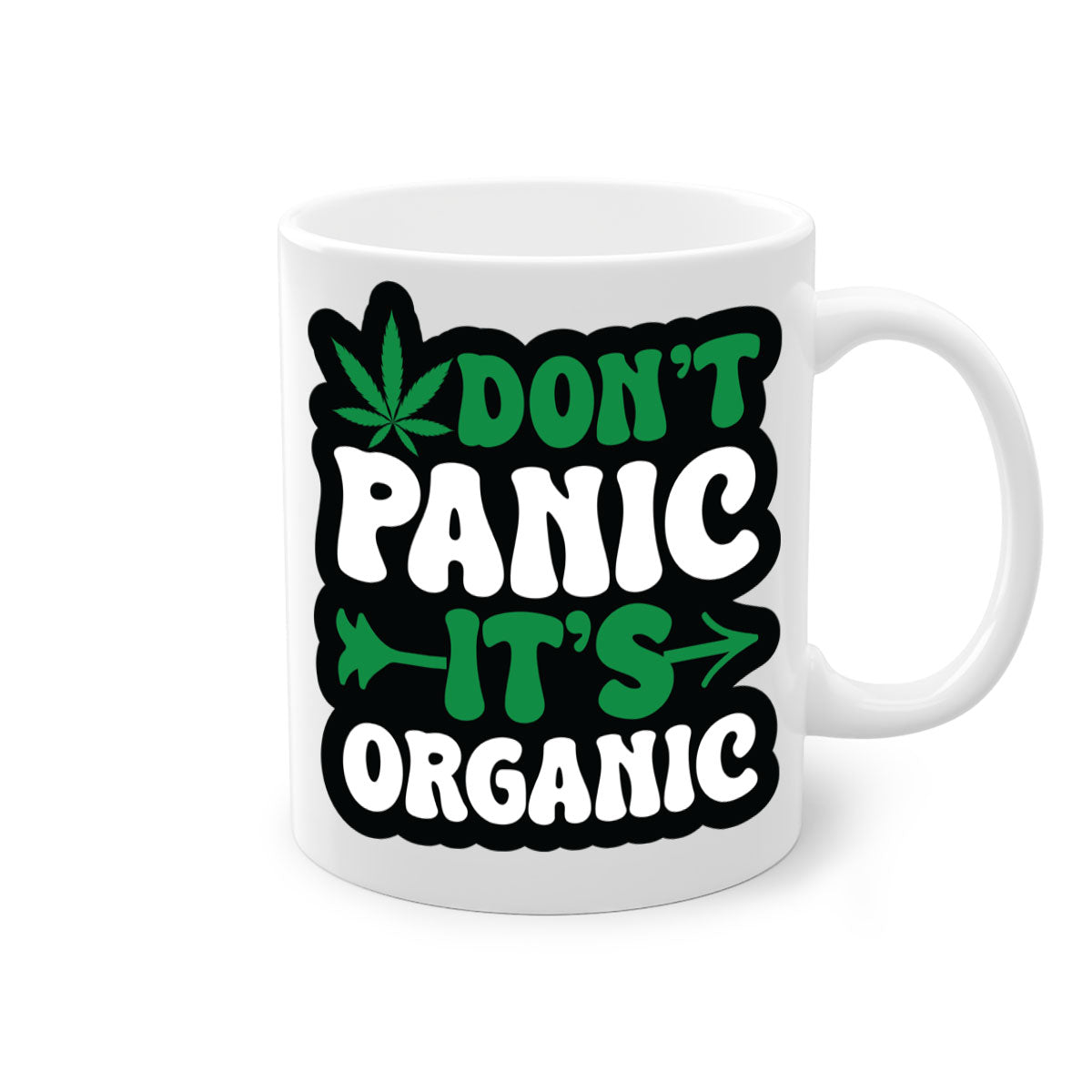 Dont Panic It's Organic 76# Mug with colorful handle and interior, glossy finish, available in two sizes.