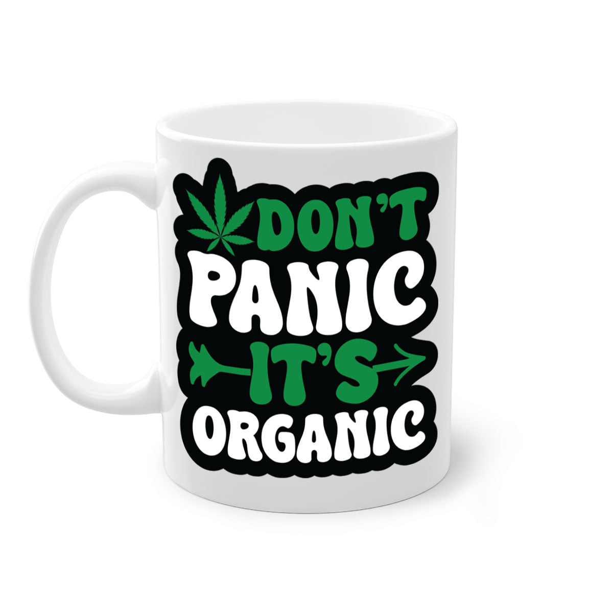 Dont Panic It's Organic 76# Mug with colorful handle and interior, glossy finish, available in two sizes.