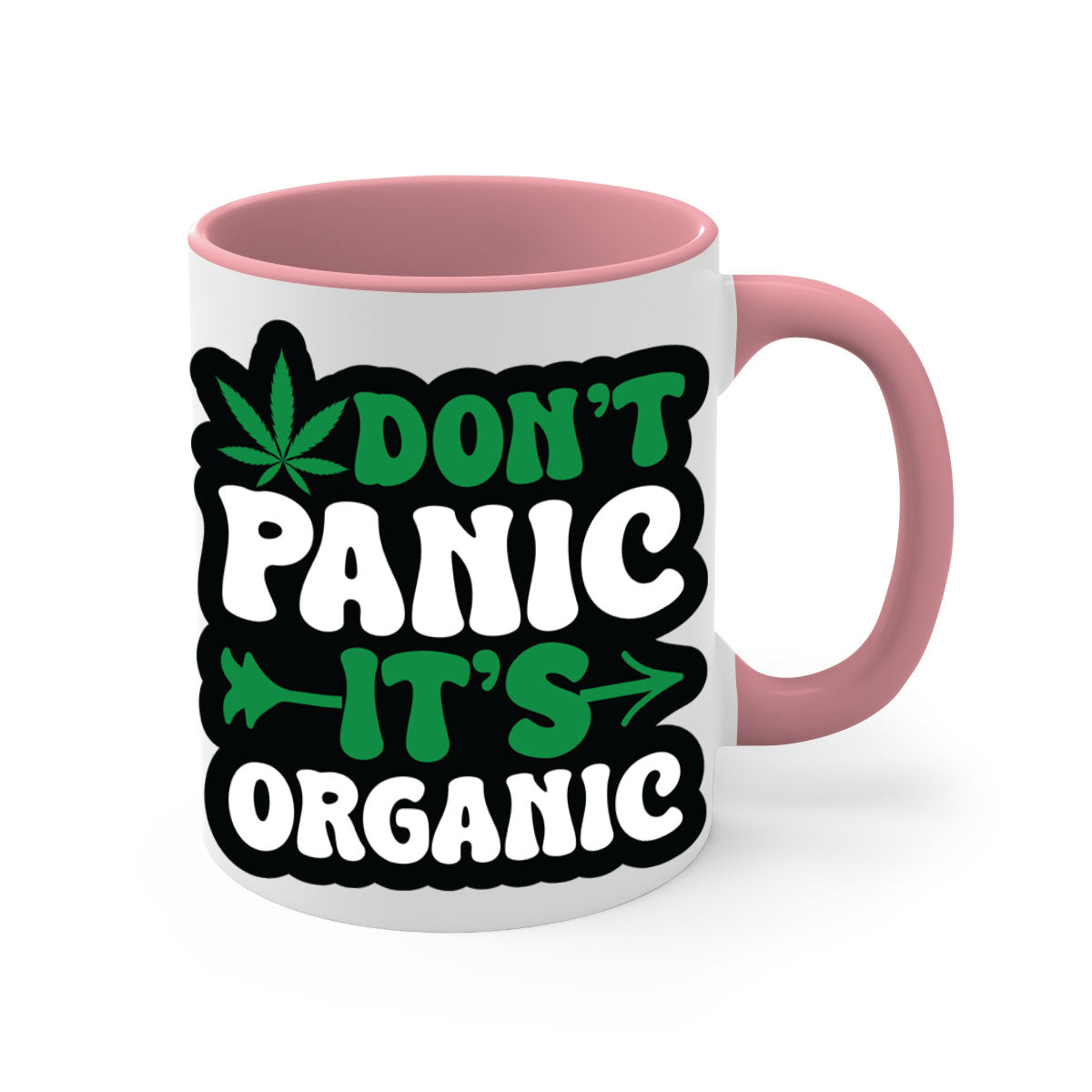 Dont Panic It's Organic 76# Mug with colorful handle and interior, glossy finish, available in two sizes.