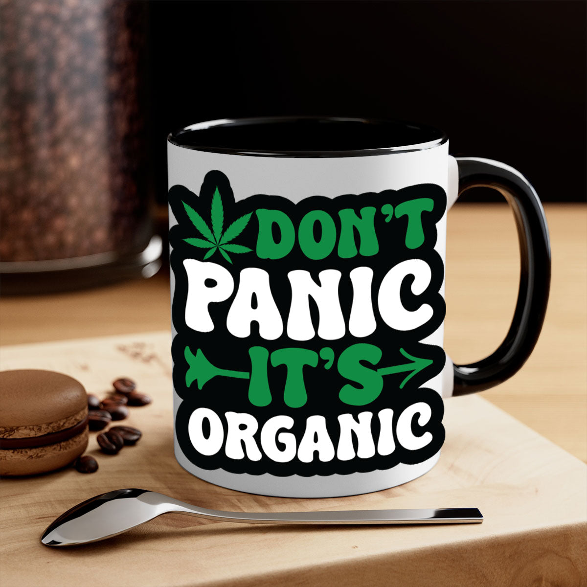Dont Panic It's Organic 76# Mug with colorful handle and interior, glossy finish, available in two sizes.