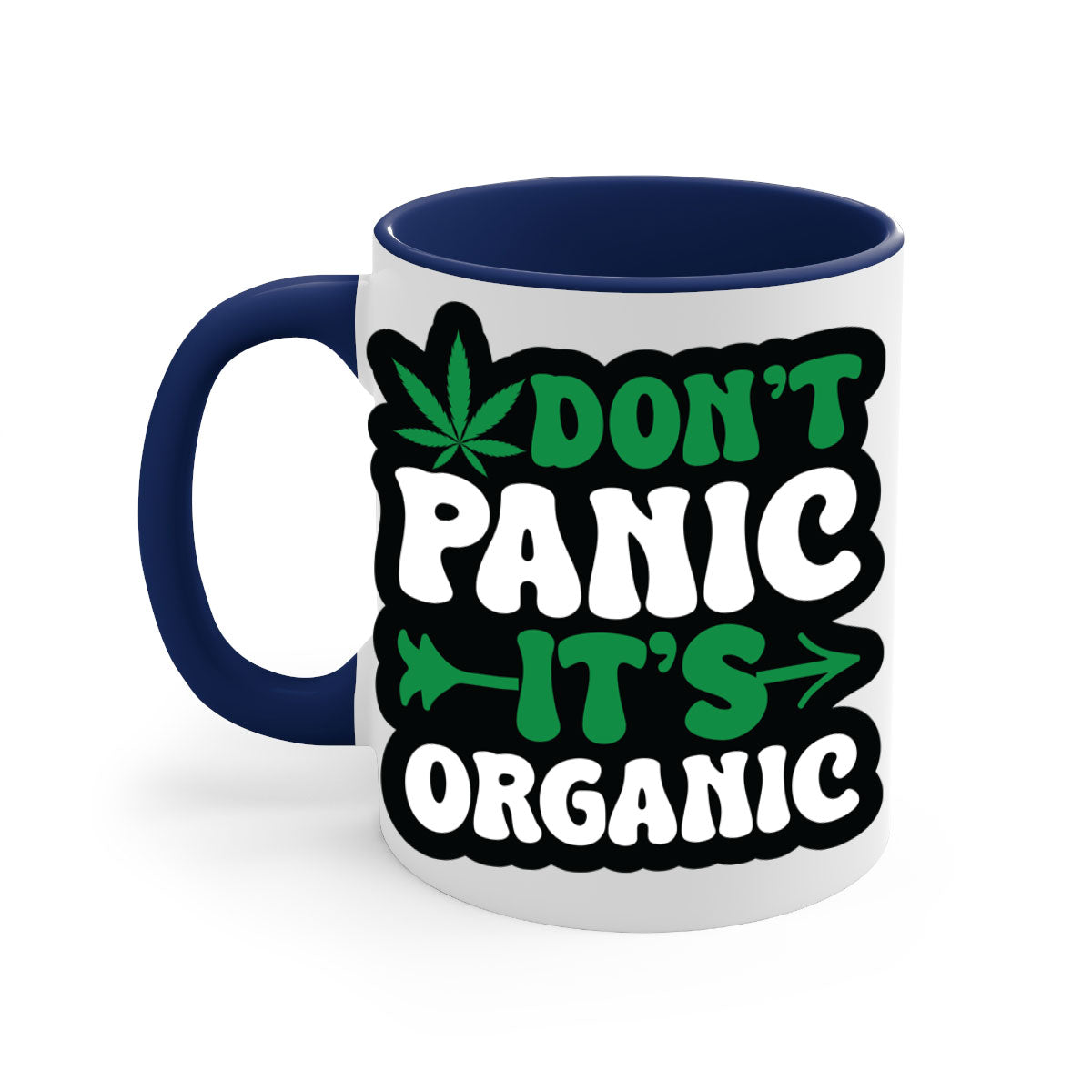 Dont Panic It's Organic 76# Mug with colorful handle and interior, glossy finish, available in two sizes.