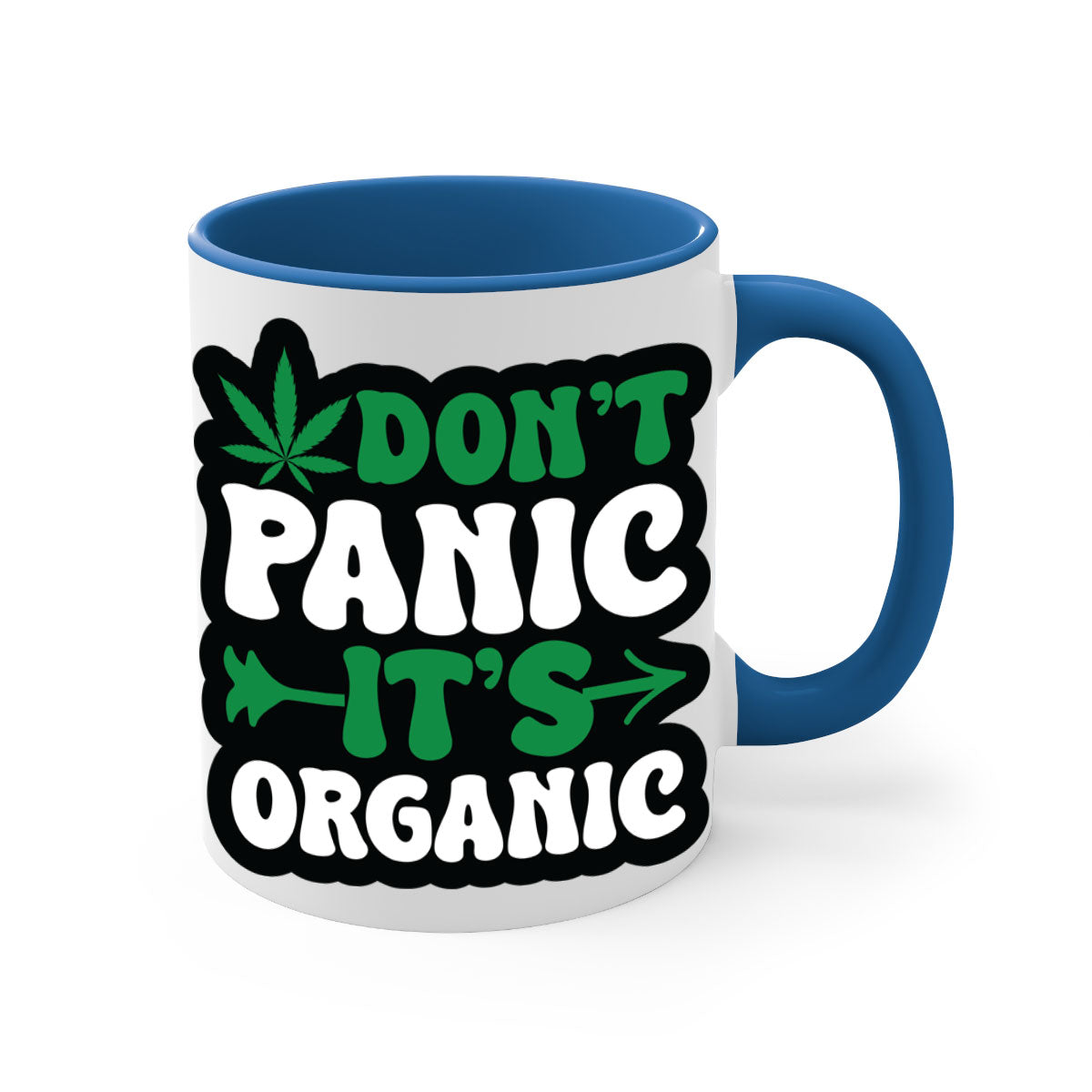 Dont Panic It's Organic 76# Mug with colorful handle and interior, glossy finish, available in two sizes.