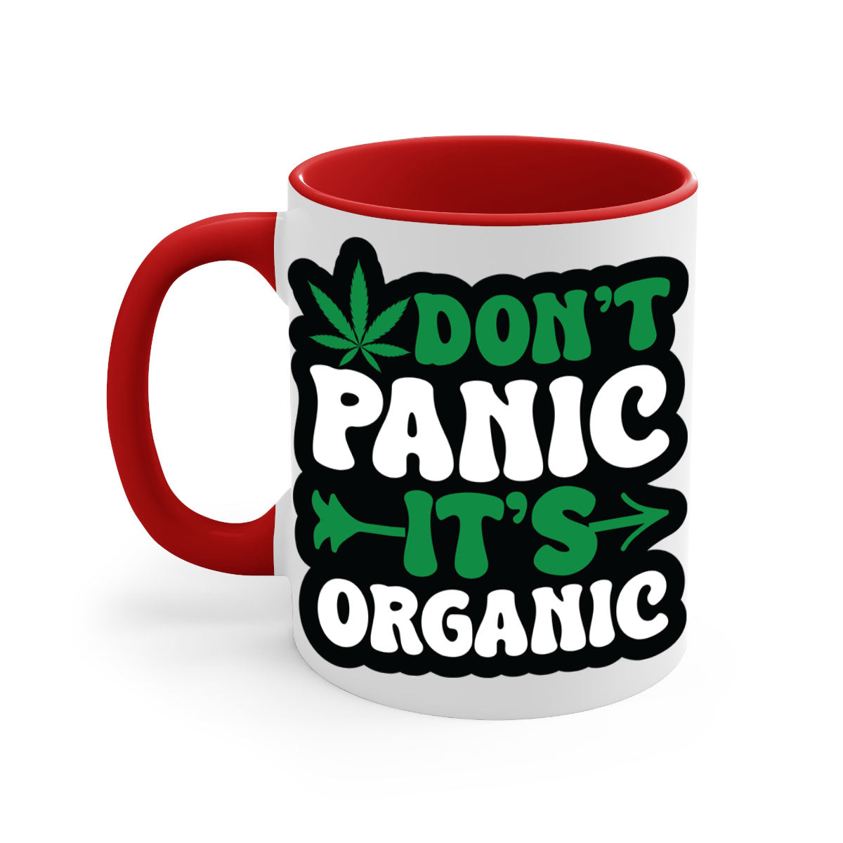Dont Panic It's Organic 76# Mug with colorful handle and interior, glossy finish, available in two sizes.