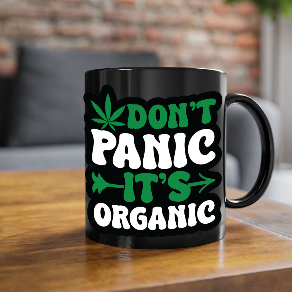 Dont Panic It's Organic 76# Mug with colorful handle and interior, glossy finish, available in two sizes.