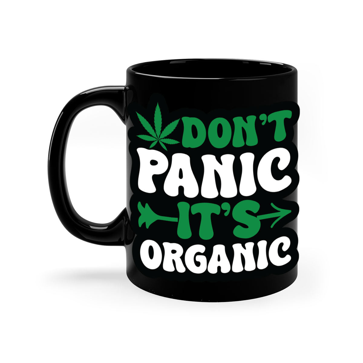 Dont Panic It's Organic 76# Mug with colorful handle and interior, glossy finish, available in two sizes.