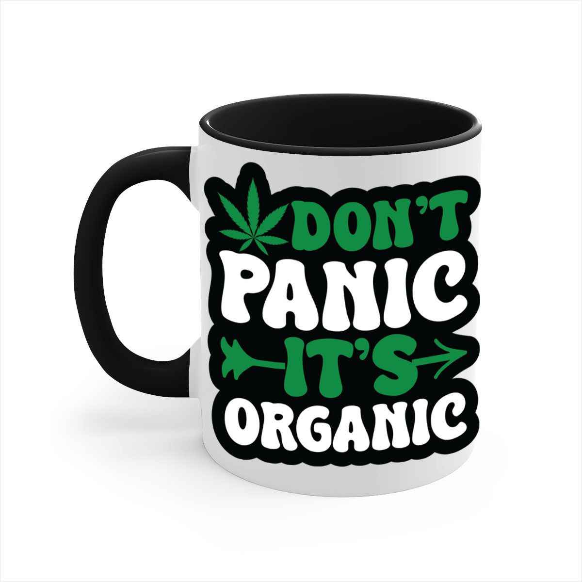 Dont Panic It's Organic 76# Mug with colorful handle and interior, glossy finish, available in two sizes.