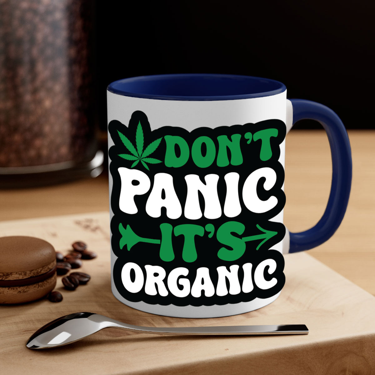 Dont Panic It's Organic 76# Mug with colorful handle and interior, glossy finish, available in two sizes.