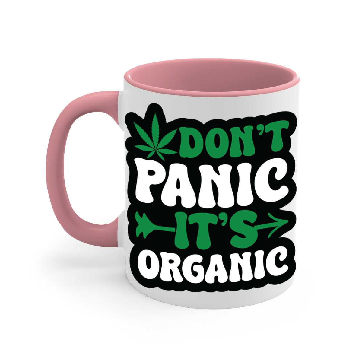 Dont Panic It's Organic 76# Mug with colorful handle and interior, glossy finish, available in two sizes.