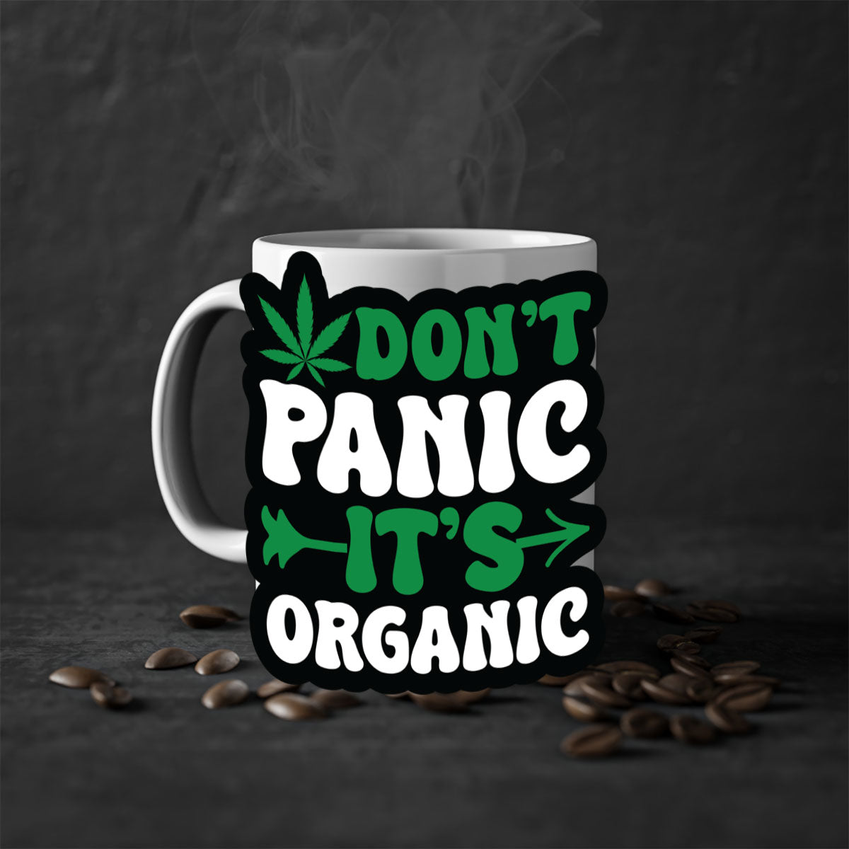 Dont Panic It's Organic 76# Mug with colorful handle and interior, glossy finish, available in two sizes.