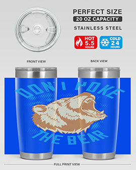 Don’t Poke the Bear 20oz Tumbler made of stainless steel with a vibrant design, showcasing its double wall vacuum insulation.
