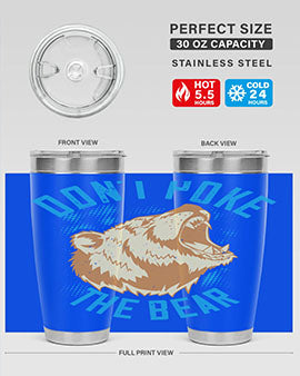 Don’t Poke the Bear 20oz Tumbler made of stainless steel with a vibrant design, showcasing its double wall vacuum insulation.