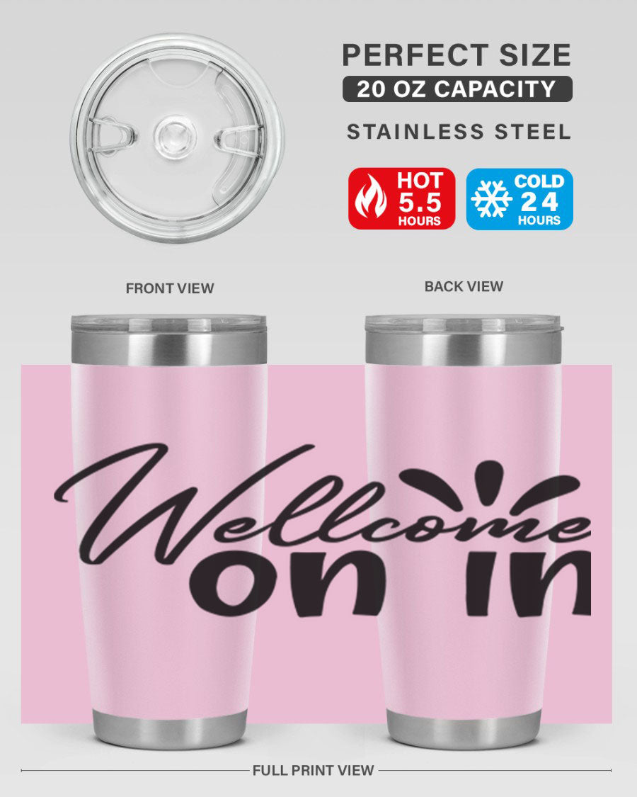 A stylish dont stop be leaving 73# Tumbler made of double wall vacuum stainless steel, featuring a drink-thru lid and vibrant print.
