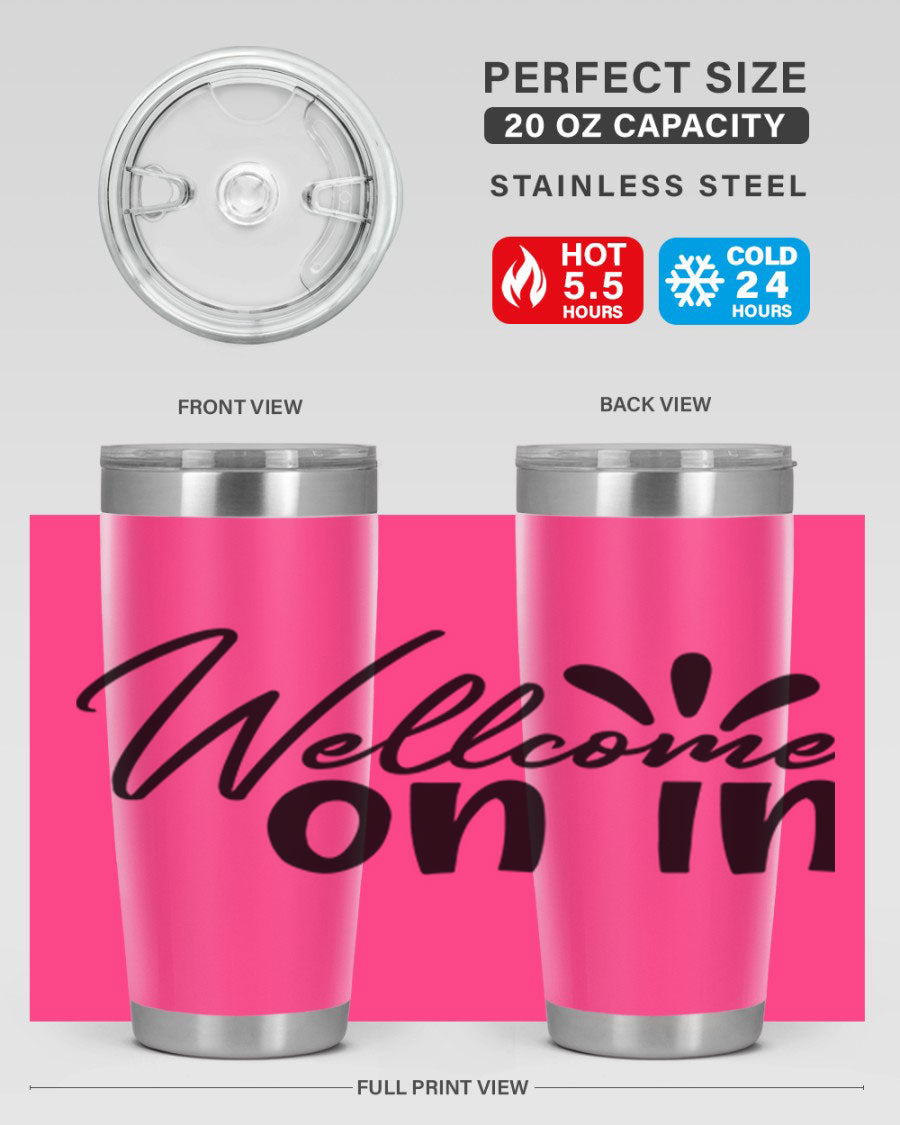 A stylish dont stop be leaving 73# Tumbler made of double wall vacuum stainless steel, featuring a drink-thru lid and vibrant print.