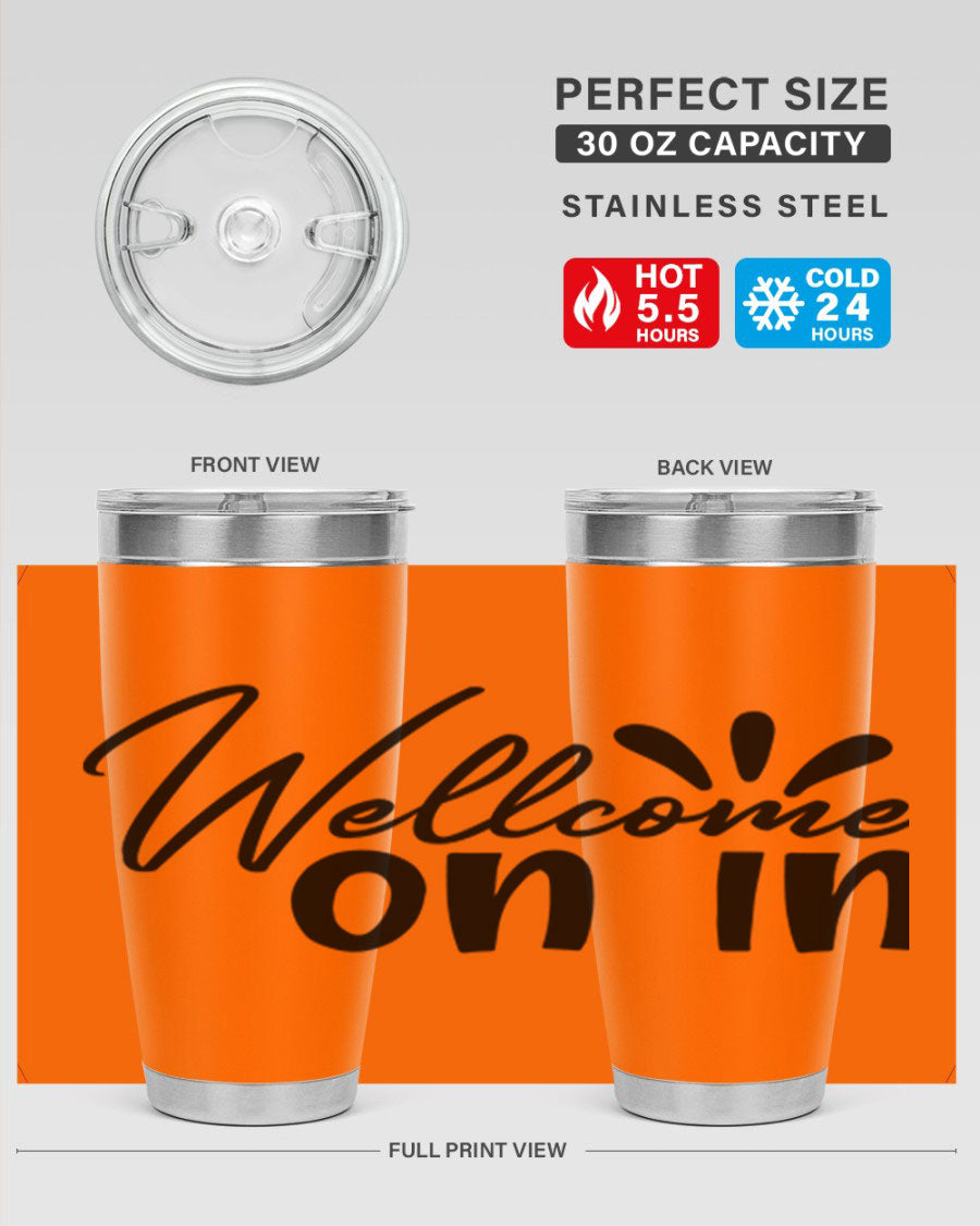A stylish dont stop be leaving 73# Tumbler made of double wall vacuum stainless steel, featuring a drink-thru lid and vibrant print.