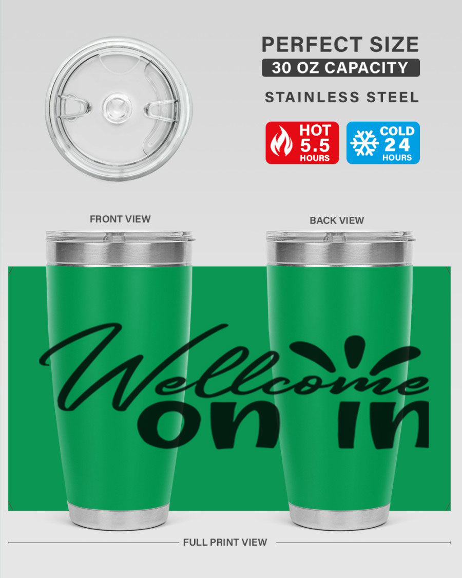A stylish dont stop be leaving 73# Tumbler made of double wall vacuum stainless steel, featuring a drink-thru lid and vibrant print.