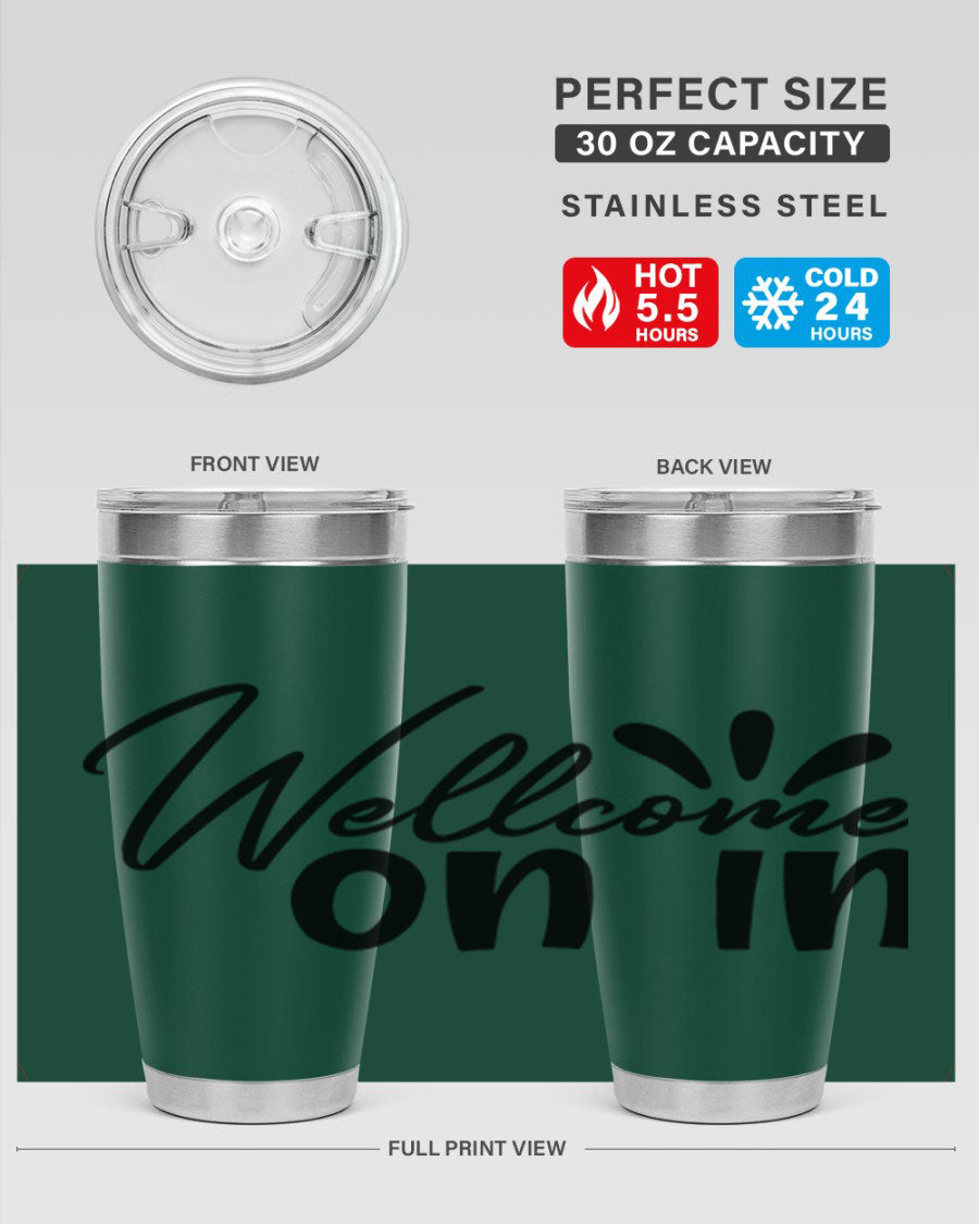 A stylish dont stop be leaving 73# Tumbler made of double wall vacuum stainless steel, featuring a drink-thru lid and vibrant print.