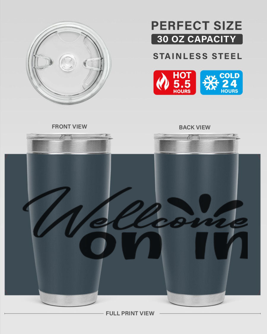 A stylish dont stop be leaving 73# Tumbler made of double wall vacuum stainless steel, featuring a drink-thru lid and vibrant print.