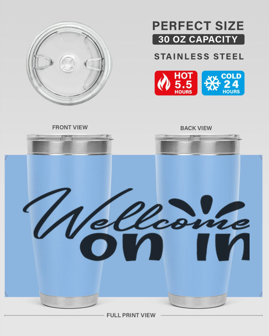 A stylish dont stop be leaving 73# Tumbler made of double wall vacuum stainless steel, featuring a drink-thru lid and vibrant print.