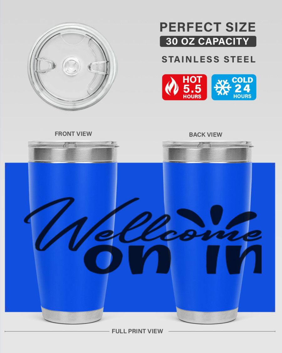 A stylish dont stop be leaving 73# Tumbler made of double wall vacuum stainless steel, featuring a drink-thru lid and vibrant print.
