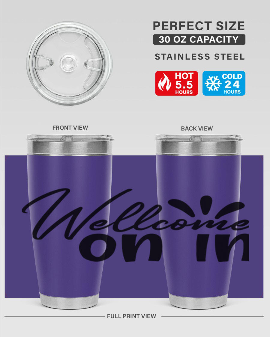 A stylish dont stop be leaving 73# Tumbler made of double wall vacuum stainless steel, featuring a drink-thru lid and vibrant print.