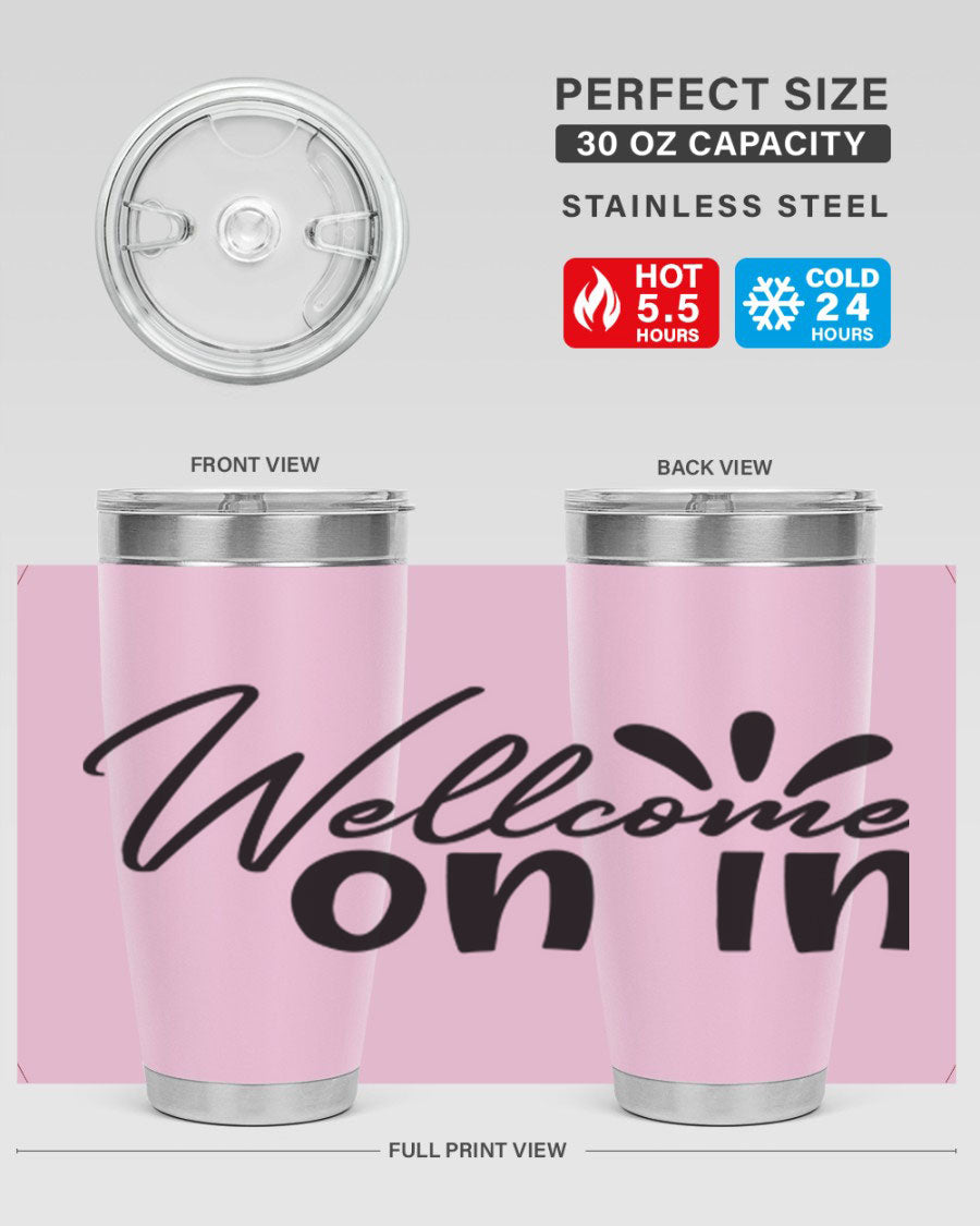 A stylish dont stop be leaving 73# Tumbler made of double wall vacuum stainless steel, featuring a drink-thru lid and vibrant print.