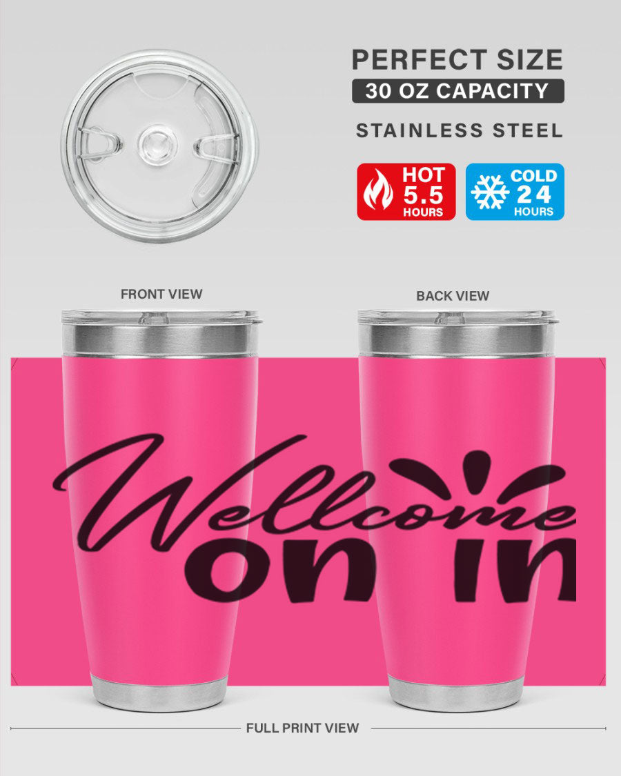 A stylish dont stop be leaving 73# Tumbler made of double wall vacuum stainless steel, featuring a drink-thru lid and vibrant print.