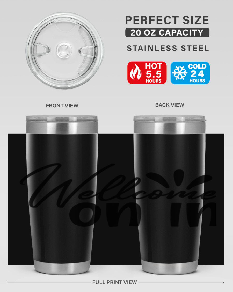 A stylish dont stop be leaving 73# Tumbler made of double wall vacuum stainless steel, featuring a drink-thru lid and vibrant print.