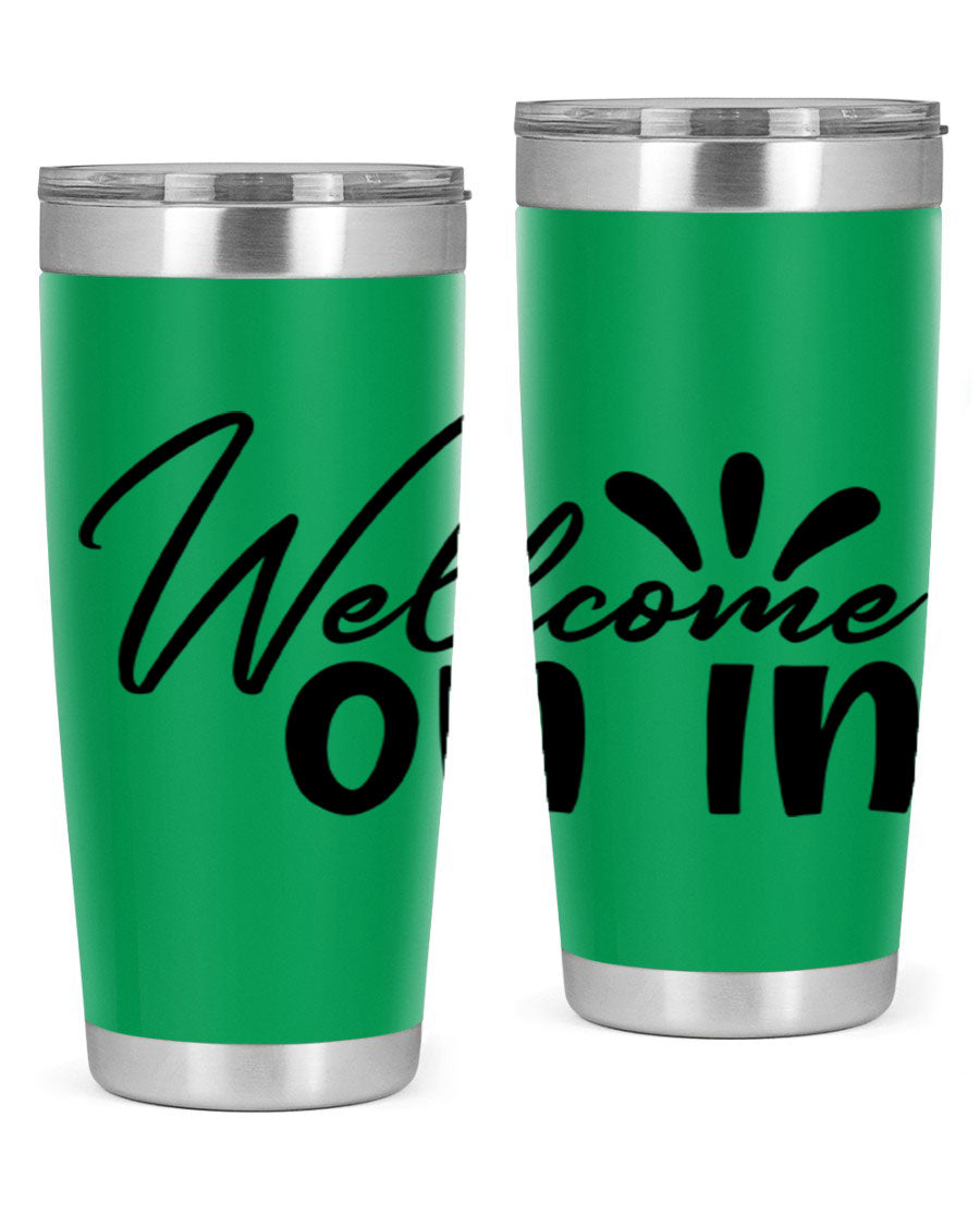 A stylish dont stop be leaving 73# Tumbler made of double wall vacuum stainless steel, featuring a drink-thru lid and vibrant print.