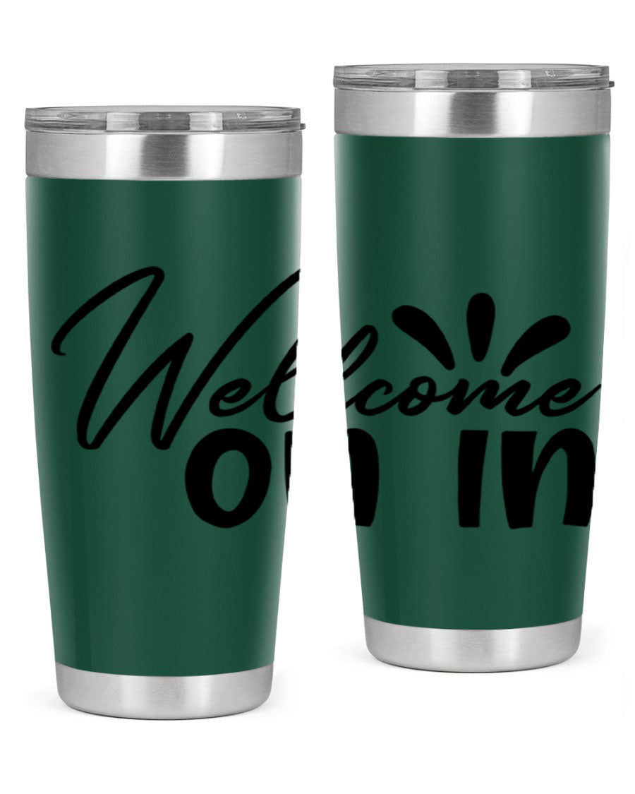 A stylish dont stop be leaving 73# Tumbler made of double wall vacuum stainless steel, featuring a drink-thru lid and vibrant print.