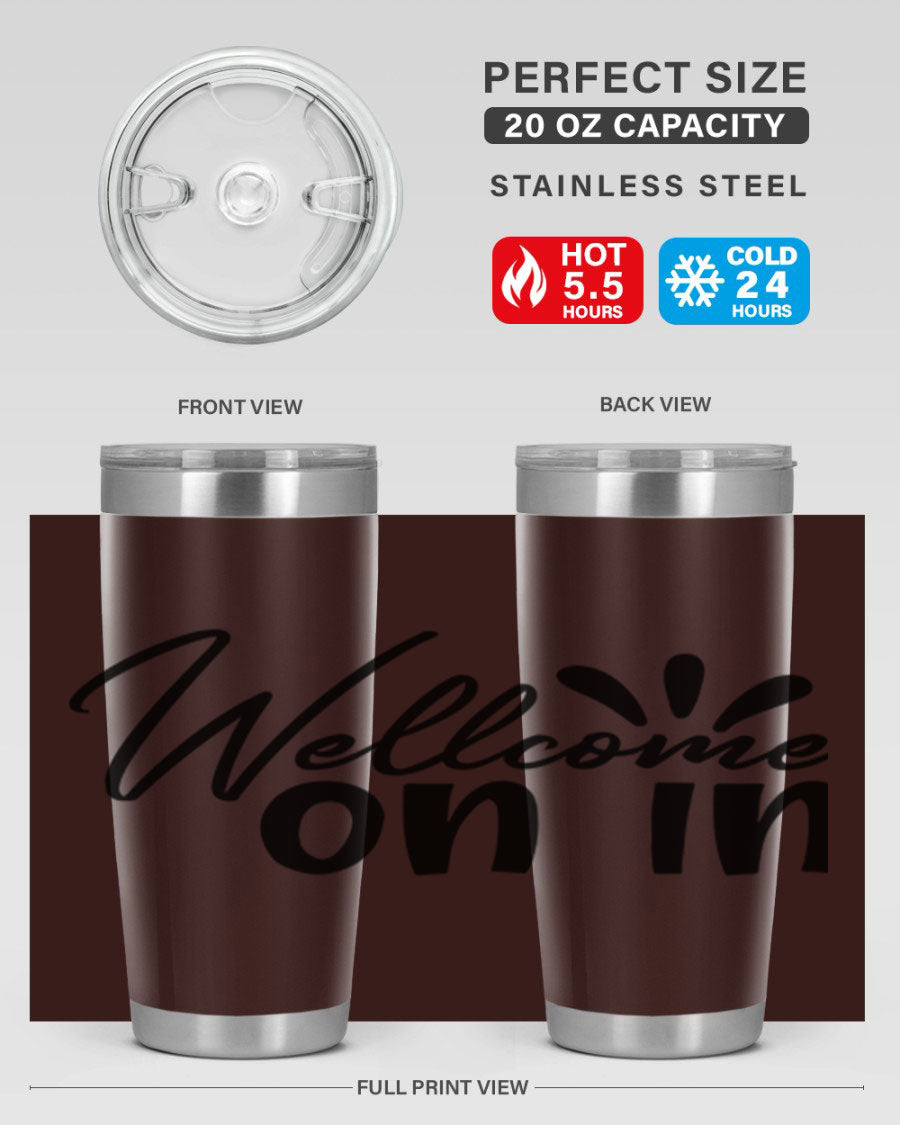A stylish dont stop be leaving 73# Tumbler made of double wall vacuum stainless steel, featuring a drink-thru lid and vibrant print.