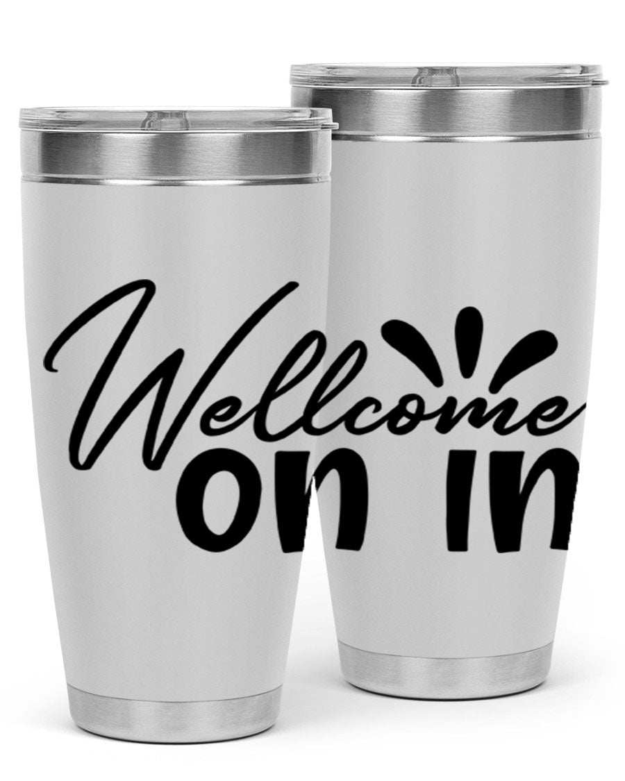A stylish dont stop be leaving 73# Tumbler made of double wall vacuum stainless steel, featuring a drink-thru lid and vibrant print.