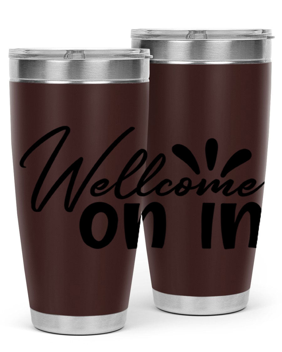 A stylish dont stop be leaving 73# Tumbler made of double wall vacuum stainless steel, featuring a drink-thru lid and vibrant print.