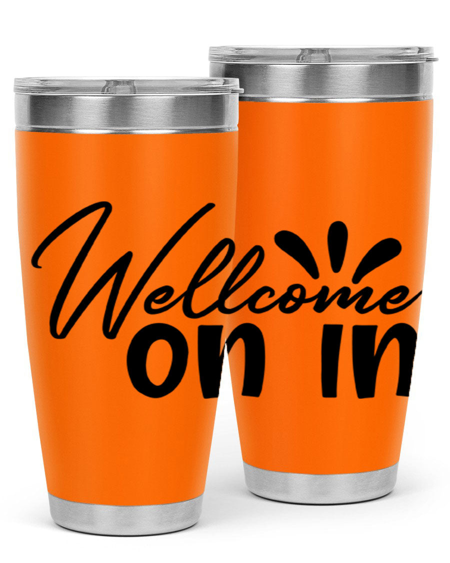 A stylish dont stop be leaving 73# Tumbler made of double wall vacuum stainless steel, featuring a drink-thru lid and vibrant print.