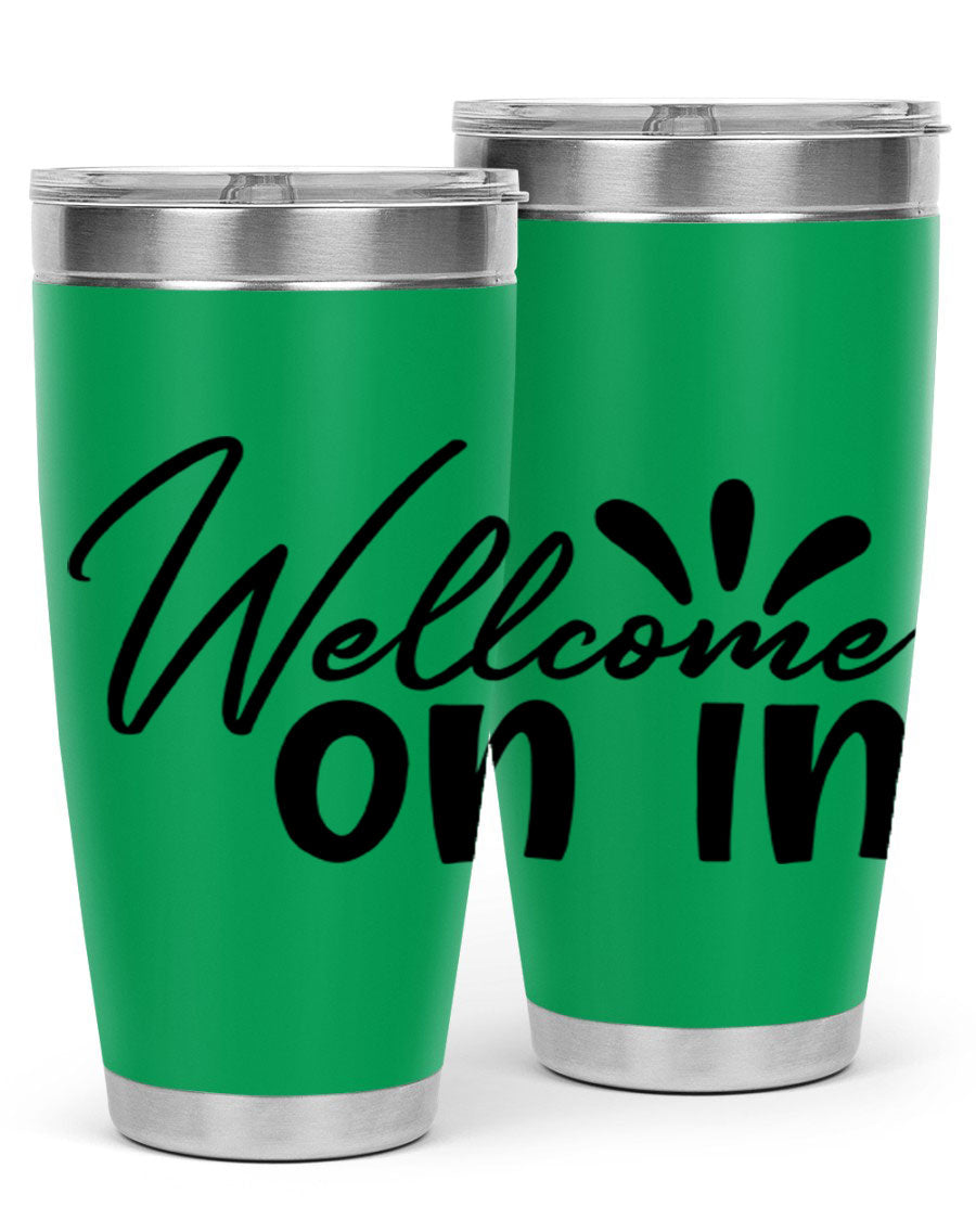 A stylish dont stop be leaving 73# Tumbler made of double wall vacuum stainless steel, featuring a drink-thru lid and vibrant print.