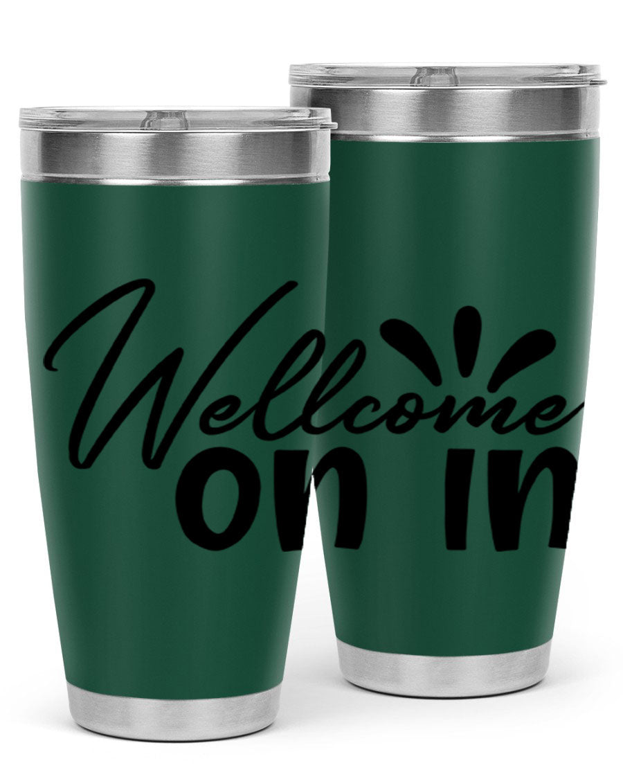 A stylish dont stop be leaving 73# Tumbler made of double wall vacuum stainless steel, featuring a drink-thru lid and vibrant print.